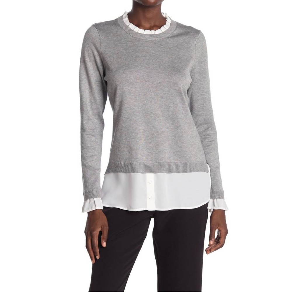 Adrianna Papell Women's Gray Knit Sweater with Ruffle Trim Detail‎ - Size L